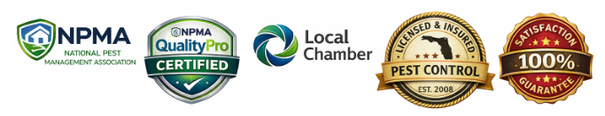 Trust badges: NPMA, QualityPro Certified, Local Chamber, Licensed & Insured, 100% Satisfaction Guarantee